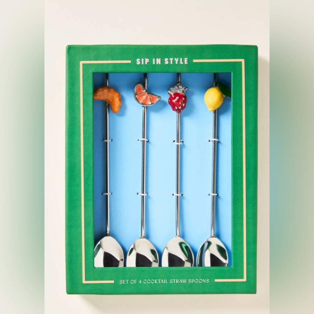 Anthropologie Cocktail Spoon Straws Set of 4 Fruit Drink Stirrers Bar Gift NIB
